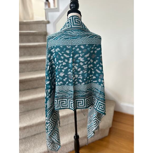 Teal Blue Green Greek Key & Animal Print Fringe Hem Pashmina Wrap Shawl Scarf - Picture 3 of 6